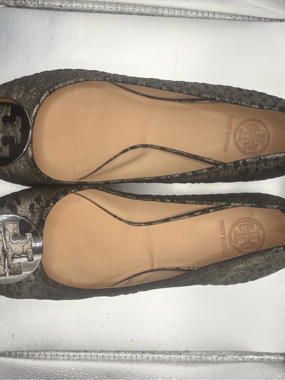 Tory Burch Reva Ballet Flats Black Metallic Logo Women’s Shoes